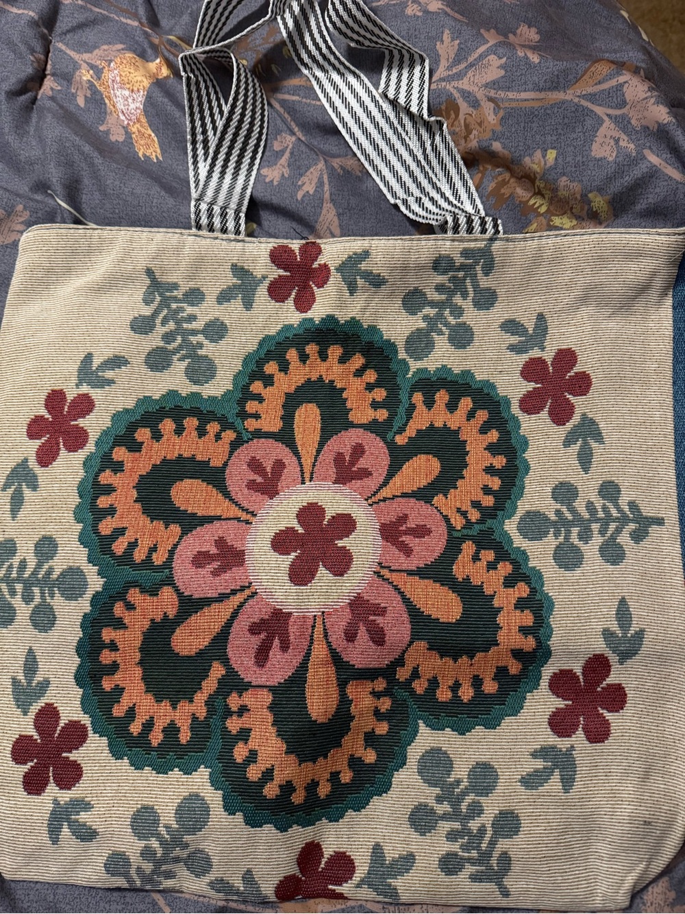 Embroidered Floral Canvas Tote Bag in Beige with Multicolor Accents